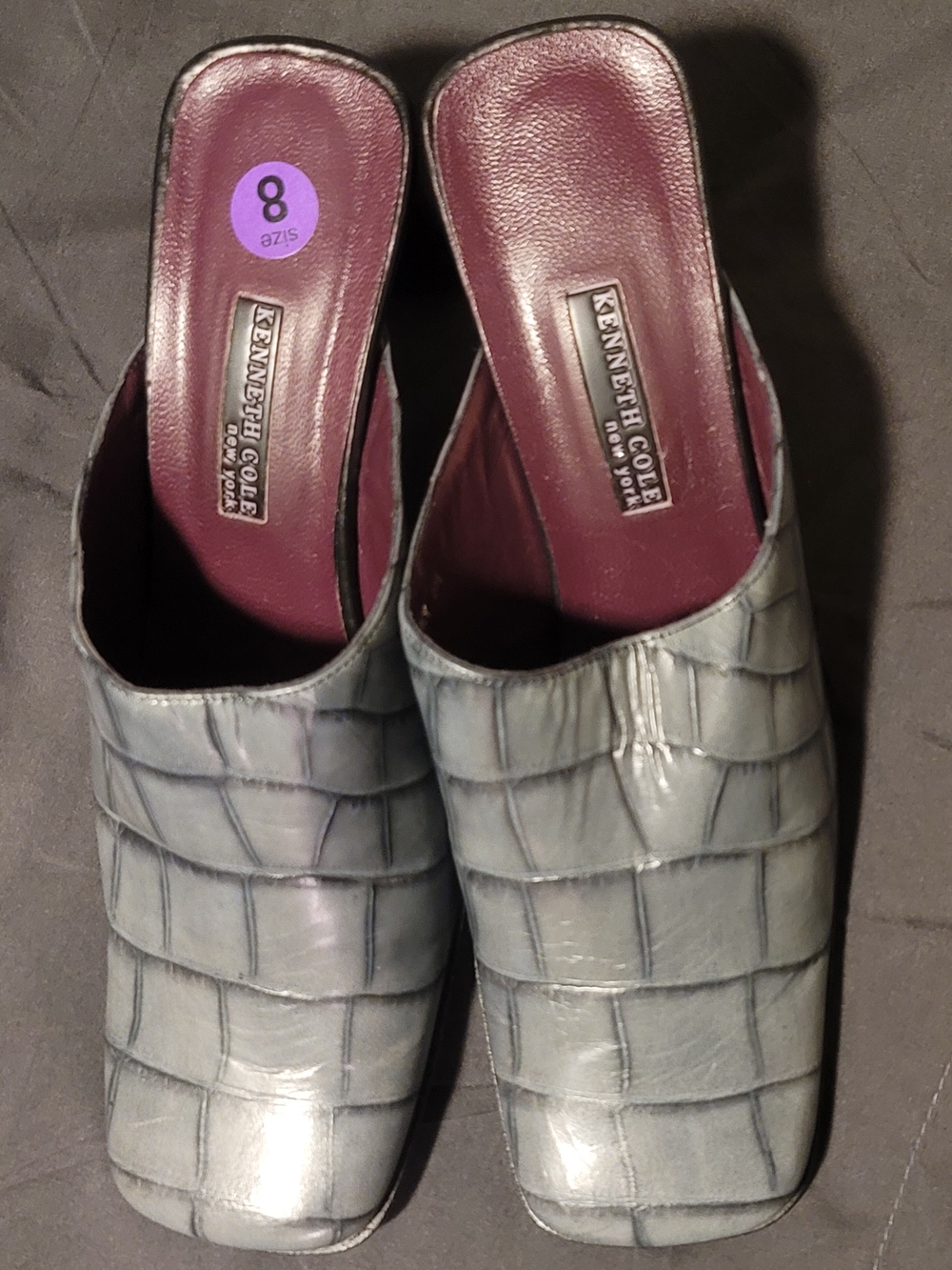 Kenneth Cole New York Gray Croc-Embossed Leather Mules with Plum Insole